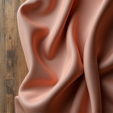 Ein fertiges, luxuriöses Textil wird sanft über einen Holztisch drapiert und geglättet.