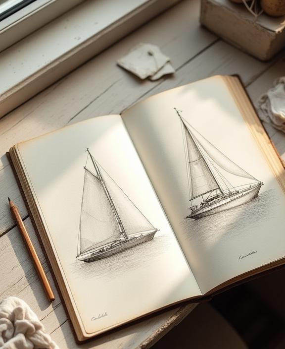 Ein offenes Skizzenbuch, das handgezeichnete Textilmuster und Segelboot-Designs zeigt.